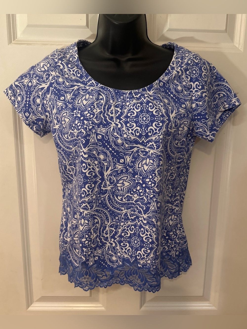 Coldwater Creek Blue and White Paisley Lace Top
